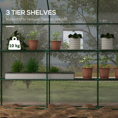 Outsunny Walk-in Greenhouse with 3 Tier 12 Shelves, Small Greenhouse with Reinforced PE Cover, Garden Plant Growhouse with Roll-up Door and Three Mesh Windows, 140 x 213 x 190 cm, White 
