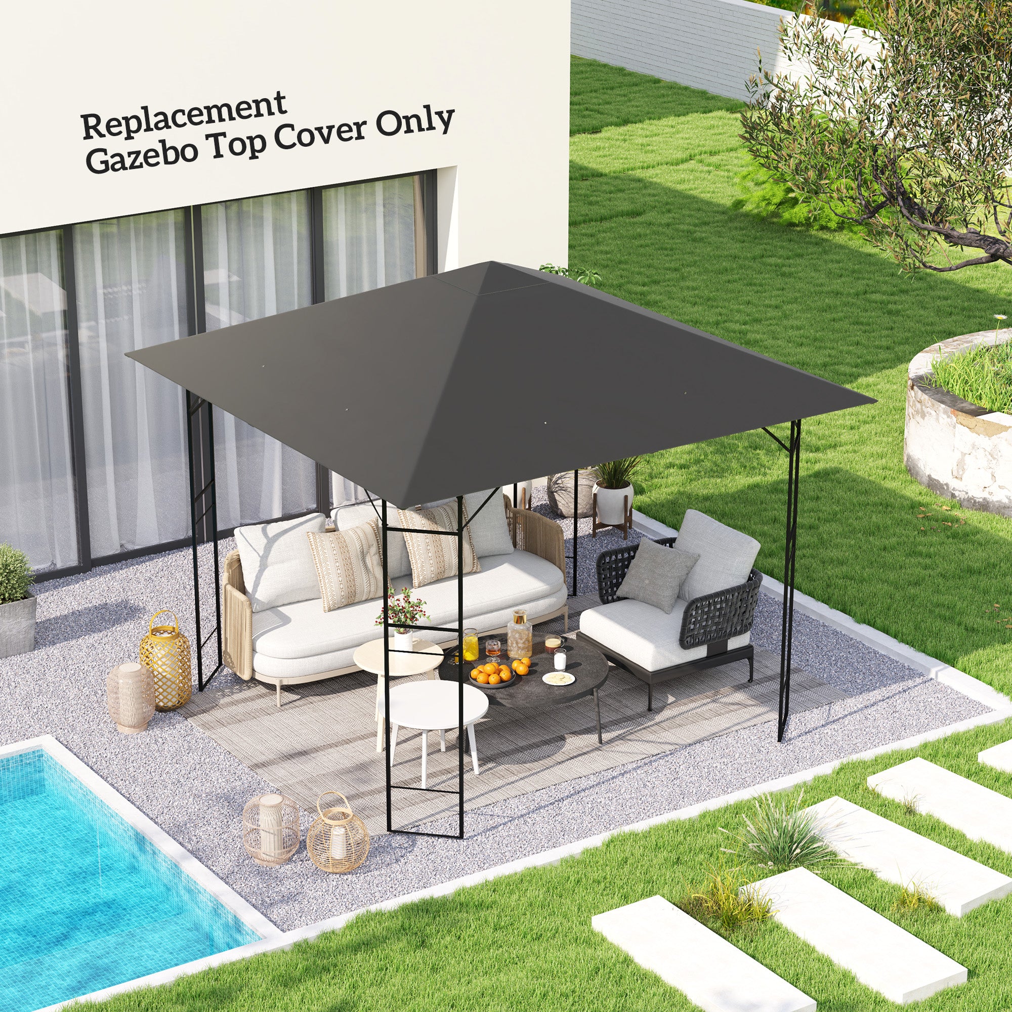 Outsunny 3 x 3(m) Gazebo Canopy Replacement Cover, Garden Gazebo Roof Replacement with Drain Holes, Water Resistant PVC Coating, 370g/\'e3\'8e\'a1, UPF30+, TOP COVER ONLY, Grey