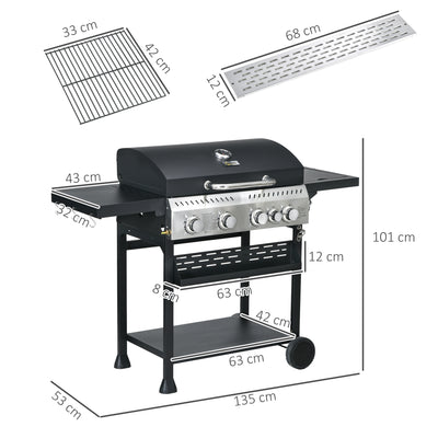 Outsunny Five-Burner Steel Gas Grill, with Thermometer - Black 