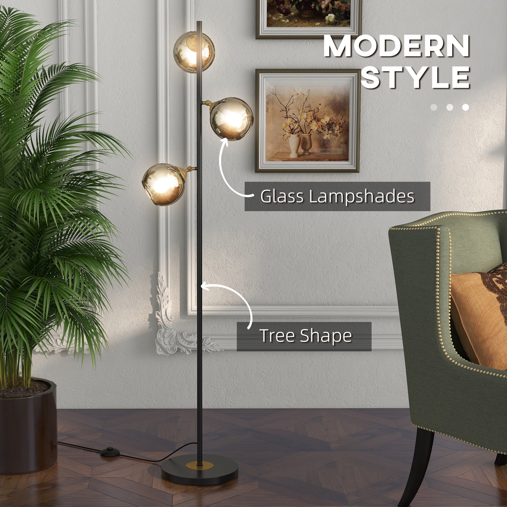 HOMCOM Tree Floor Lamp for Living Room Bedroom with 3 Light, Modern Standing Lamp, (Bulb not Included), 162cm, Grey 