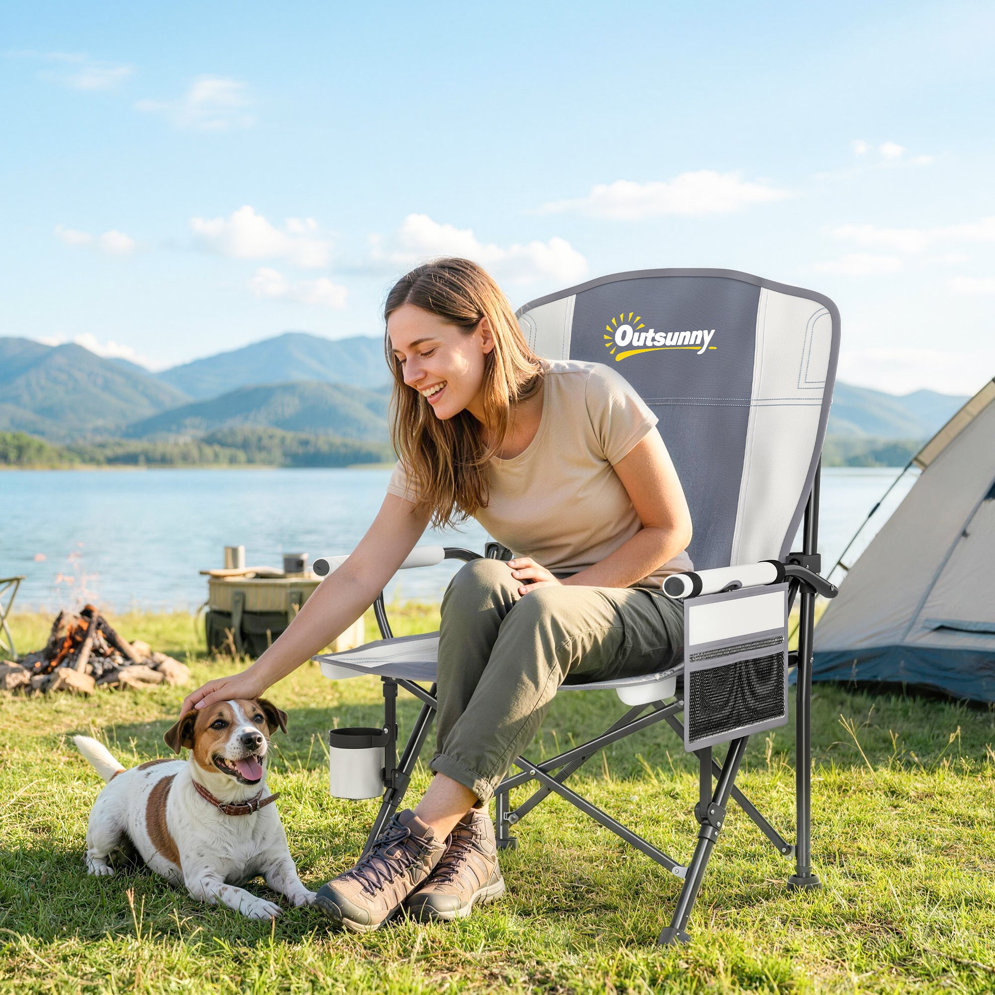 Outsunny Padded Camping Chair Adults Heavy Duty Folding Chair Side Pocket Cup Holder Carry Bag Outdoor Light Grey 