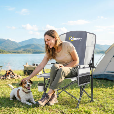 Outsunny Padded Camping Chair Adults Heavy Duty Folding Chair Side Pocket Cup Holder Carry Bag Outdoor Light Grey 