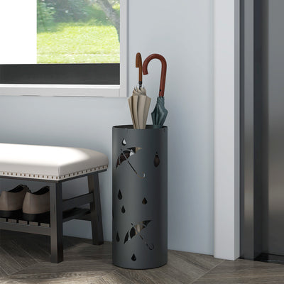 HOMCOM Freestanding Umbrella Stand for Hallway, Round Umbrella Basket with 4 Hooks and Drip Tray for Entryway, Dark Grey 