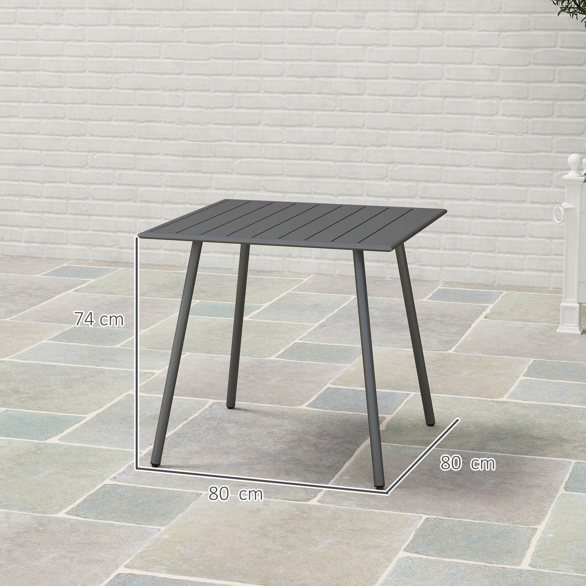 Outsunny Square Garden Table with Slat Top, Steel Frame, Outdoor Table for 4 Person, 80 x 80 x 74 cm, Grey 