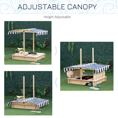Outsunny Kids Wooden Sand Pit with Lids Children Sandbox Height Adjustable Canopy for Garden, Convertible Bench Seat Outdoor Backyard Playset, Blue and White Canopy 