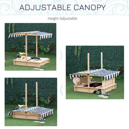 Outsunny Kids Wooden Sand Pit with Lids Children Sandbox Height Adjustable Canopy for Garden, Convertible Bench Seat Outdoor Backyard Playset, Blue and White Canopy 