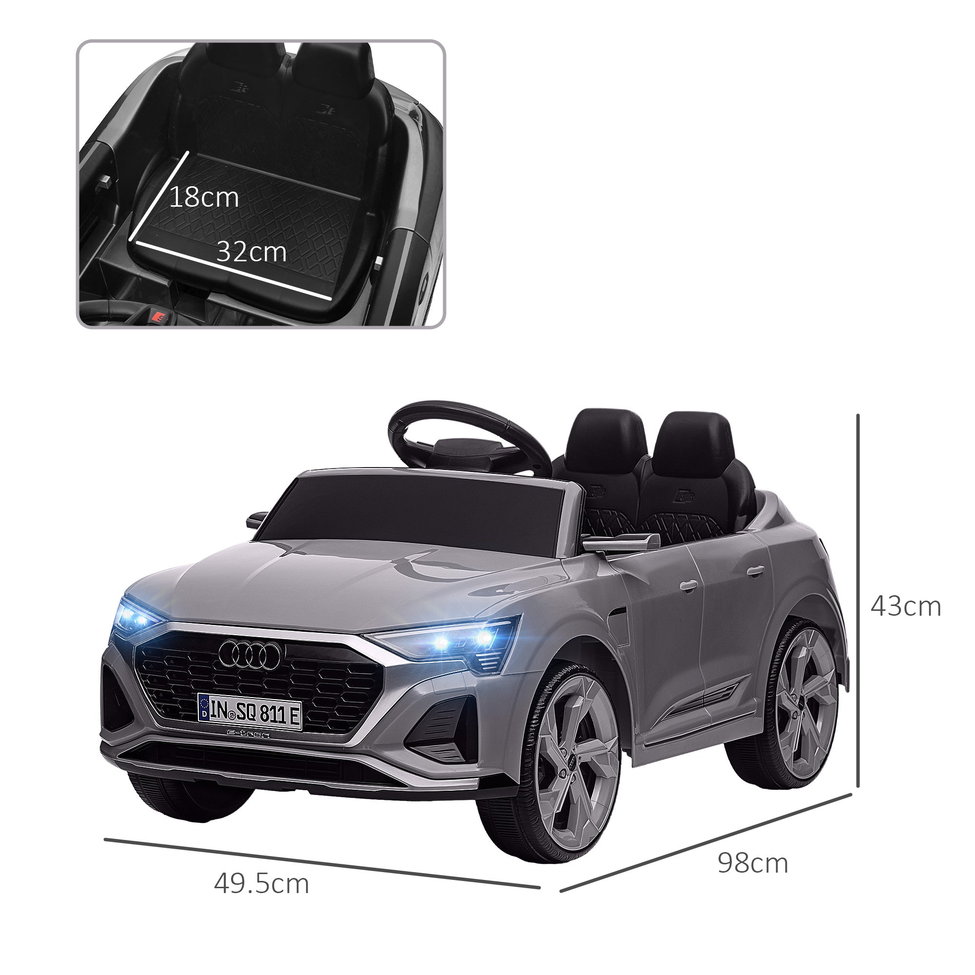 AIYAPLAY Audi Q8 e-tron Sportback Licensed 12V Ride on Car w/ Remote, 4 Spring Suspension Wheels, Headlights, Music, Horn - Grey 