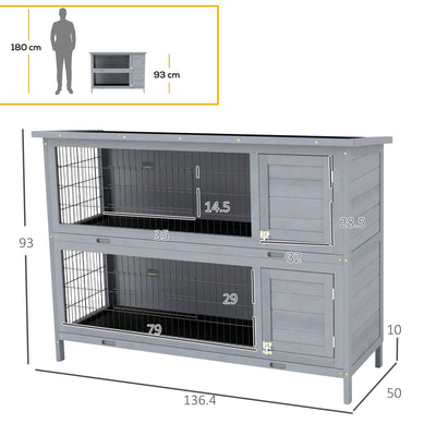 PawHut Rabbit Hutch Outdoor Guinea Pig Hutch Bunny Cage with No-Leak Trays, Divider, 136 x 50 x 93cm, Grey 
