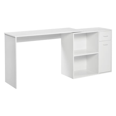 HOMCOM L-Shaped Desk, Corner Computer Desk, Adjustable Study Table with Storage Shelf, Drawer and Cabinet, Workstation for Home Office, White Wood Grain 
