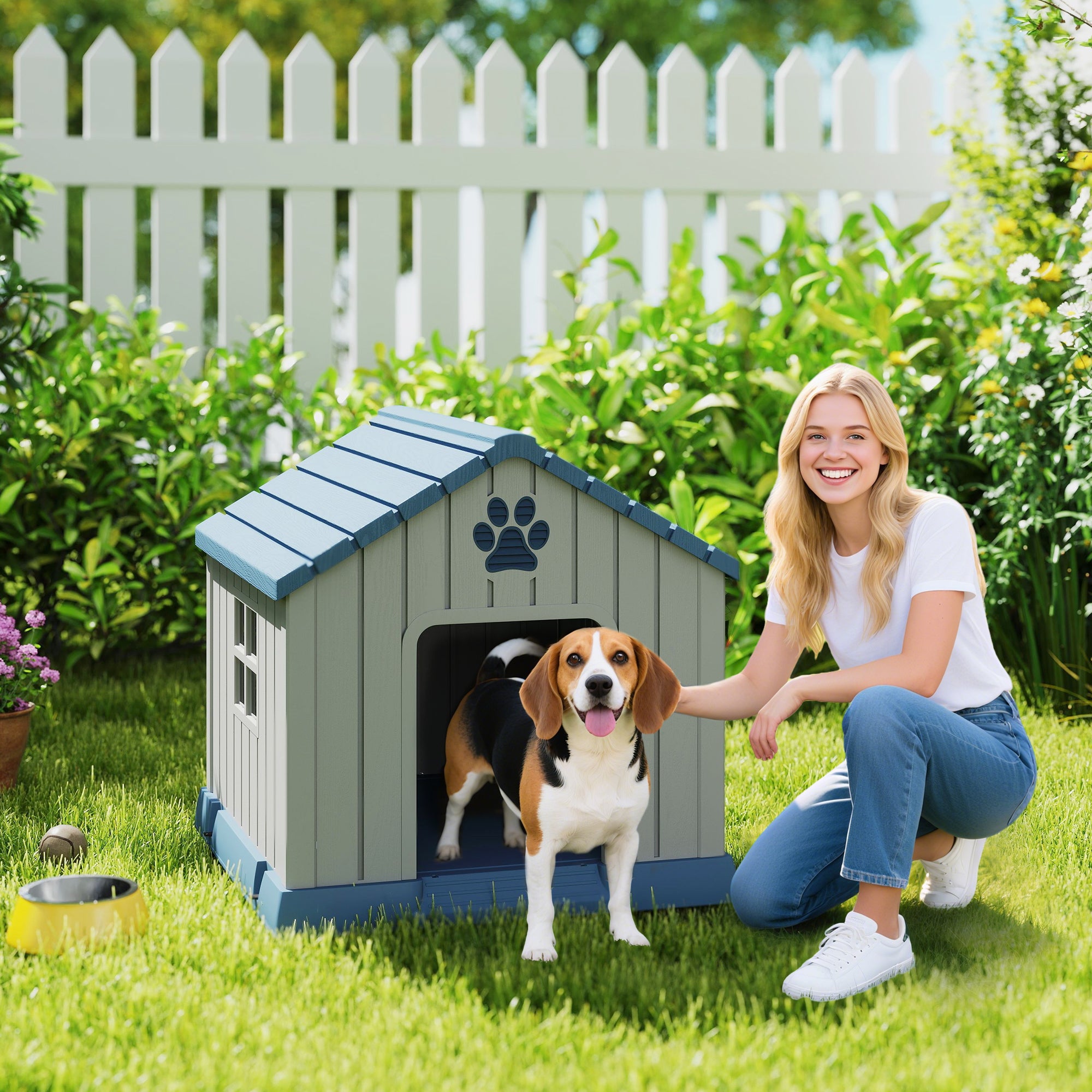 PawHut Dog Kennel Outdoor for Medium Dogs, Waterproof Plastic Dog House for Garden, Patio, 85 x 79 x 82 cm, Grey 