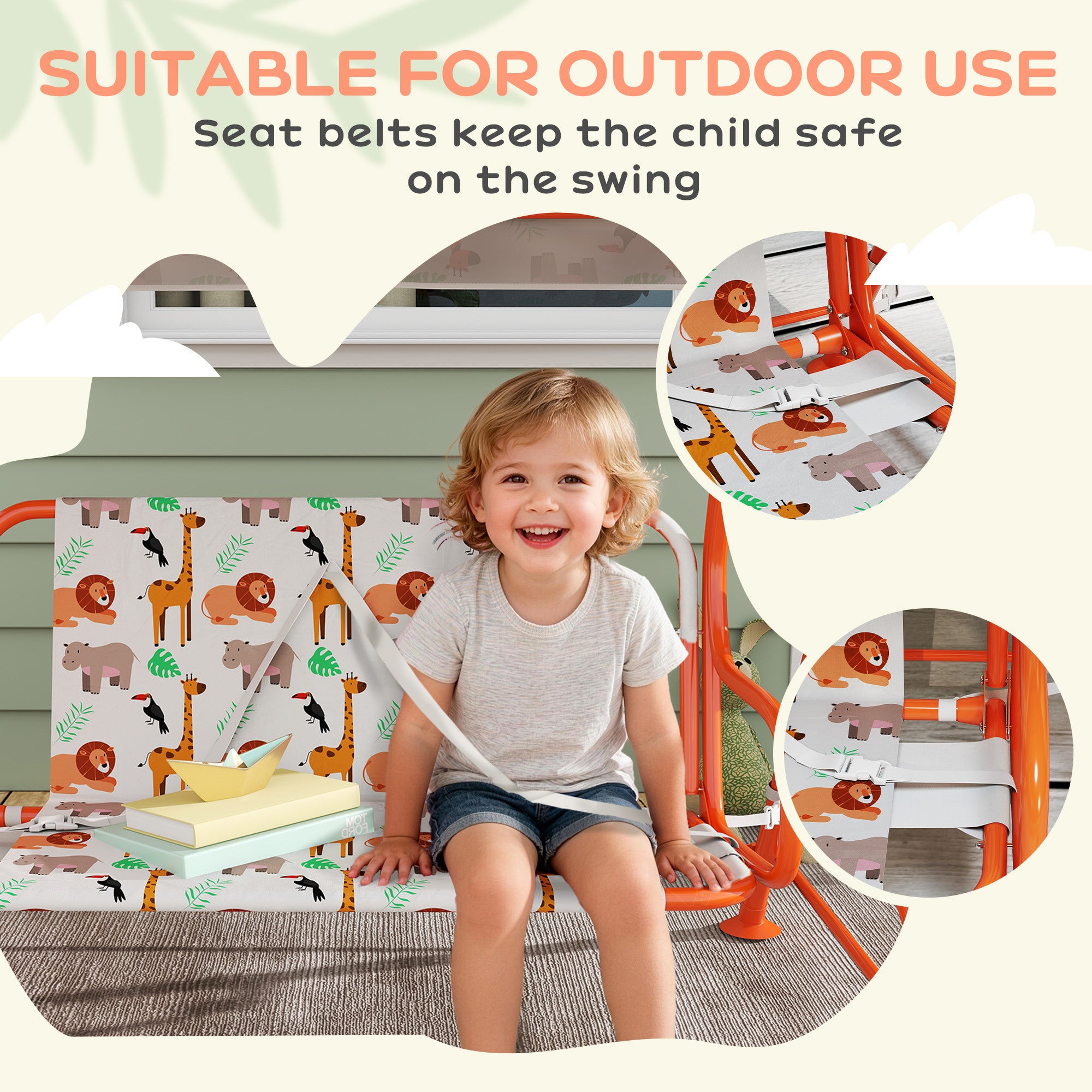 AIYAPLAY Kids Porch Swing, 2-Seater Patio Swing Bench Hammock with Seat Belts, Adjustable Canopy for Garden, Orange 