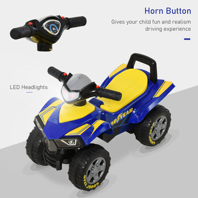 HOMCOM Baby Quad Bike Kids Ride On Car Goodyear Licensed Walker Foot To Floor Slider NO POWER w/ Lights Horn Storage Blue for 18-36 Months 