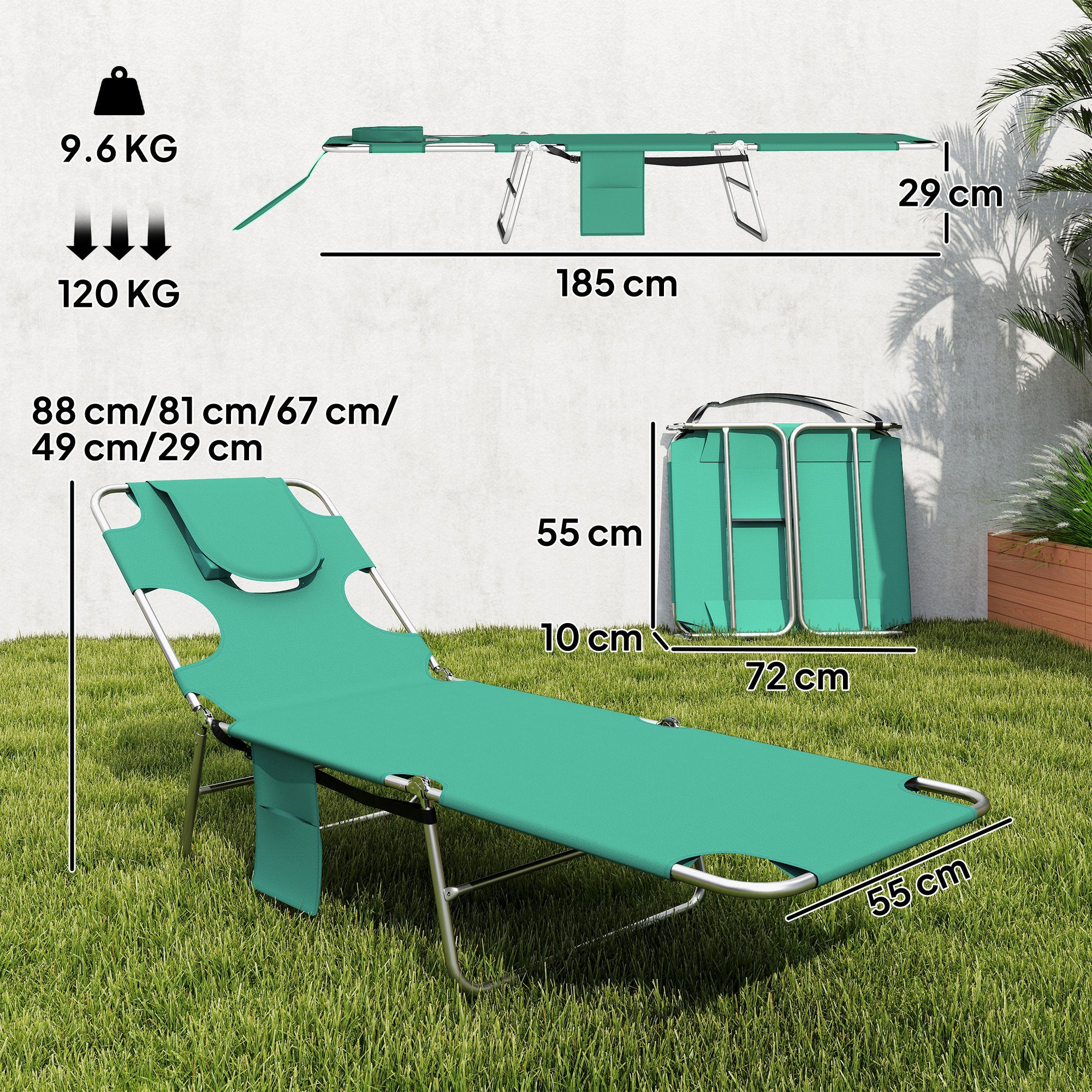 Outsunny 5-Position Adjustable Sun Loungers Set of 2 with Reading Hole and Side Pocket, Green 