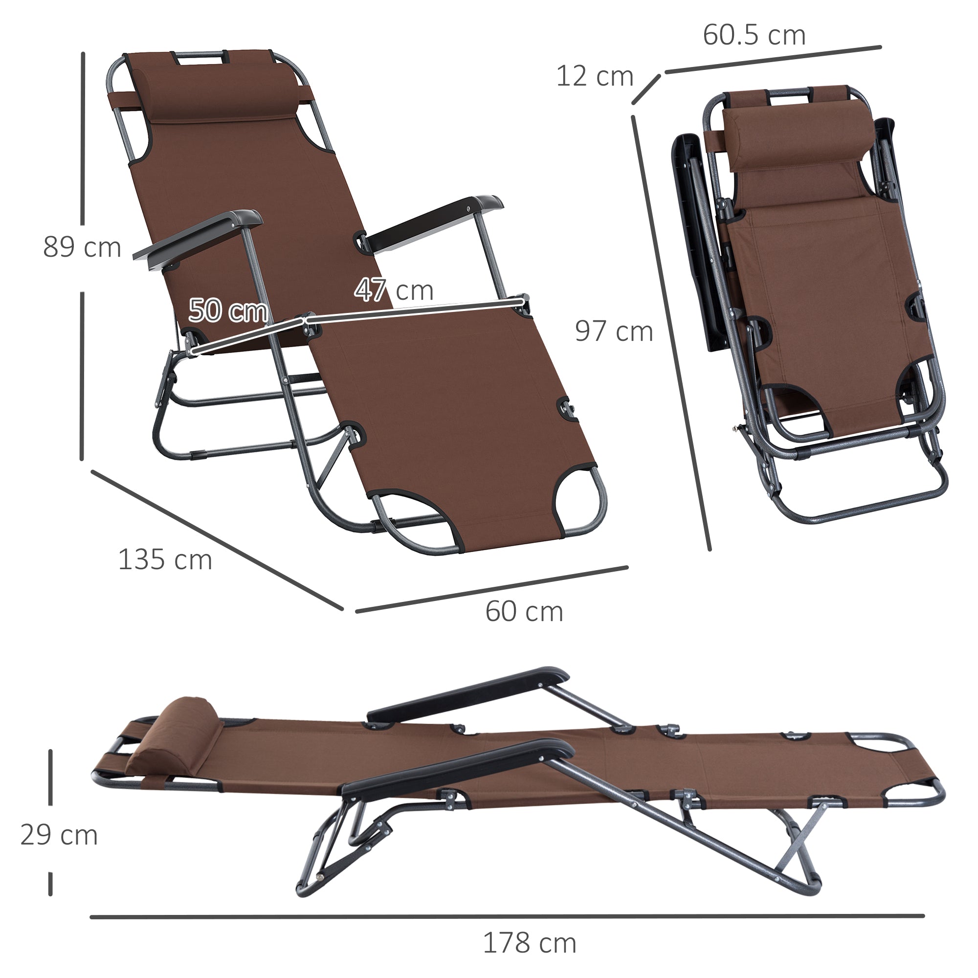 Outsunny 2 in 1 Sun Lounger Folding Reclining Chair Garden Outdoor Camping Adjustable Back with Pillow, Brown 