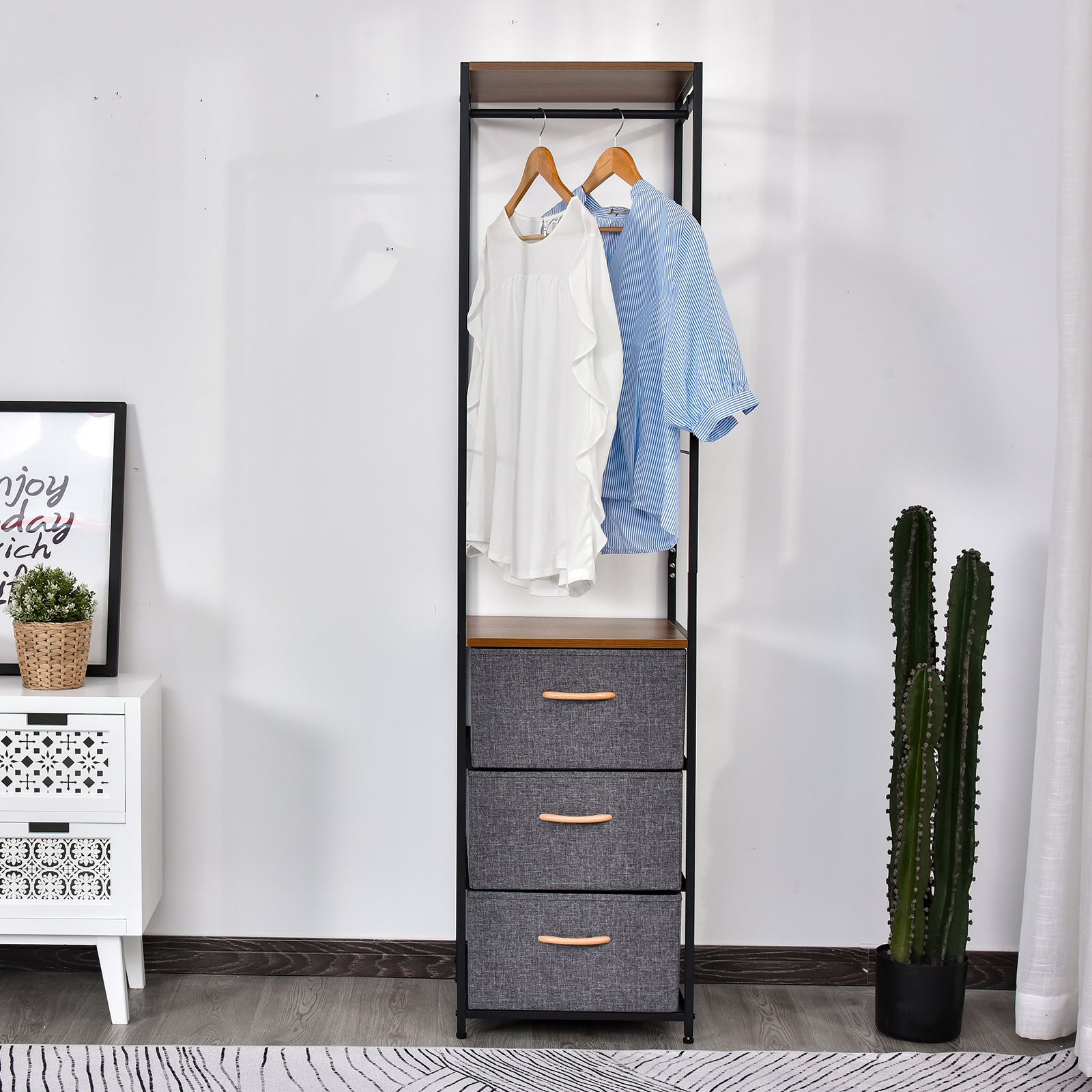 HOMCOM Coat Rack with 3 Drawers Storage Rack with Steel Frame for Bedroom Hallway Home Furniture Grey 