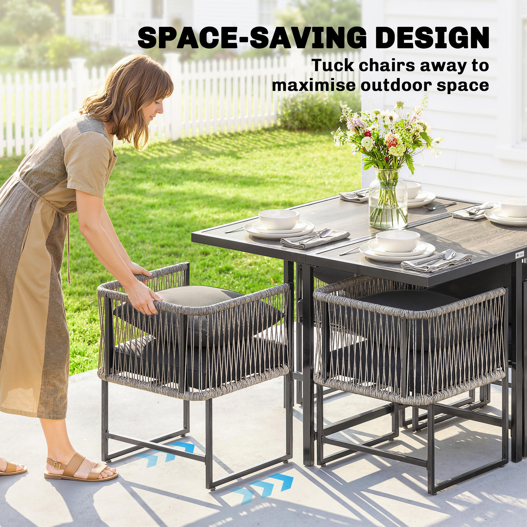 Outsunny 4-Seater Garden Dining Set, Rattan Outdoor Furniture with Space-Saving Chairs and Thick Cushions for Patio Balcony, Black 