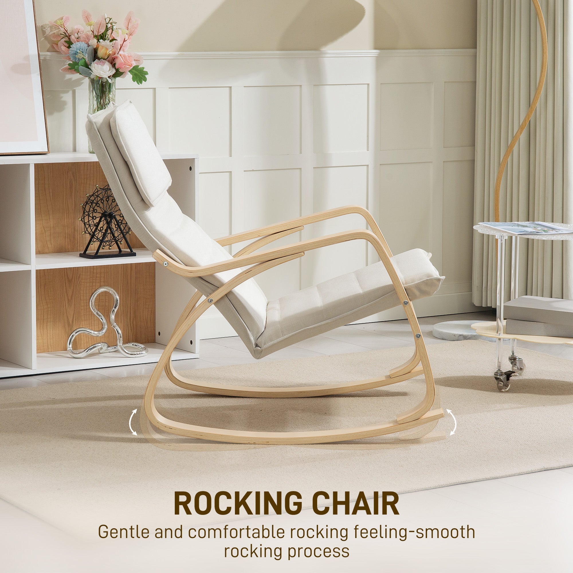 HOMCOM Comfortable Relax Rocking Chair, Upholstered Lounge Chair Recliner with High Back and Headrest for Living Room, Bedroom, Cream White 