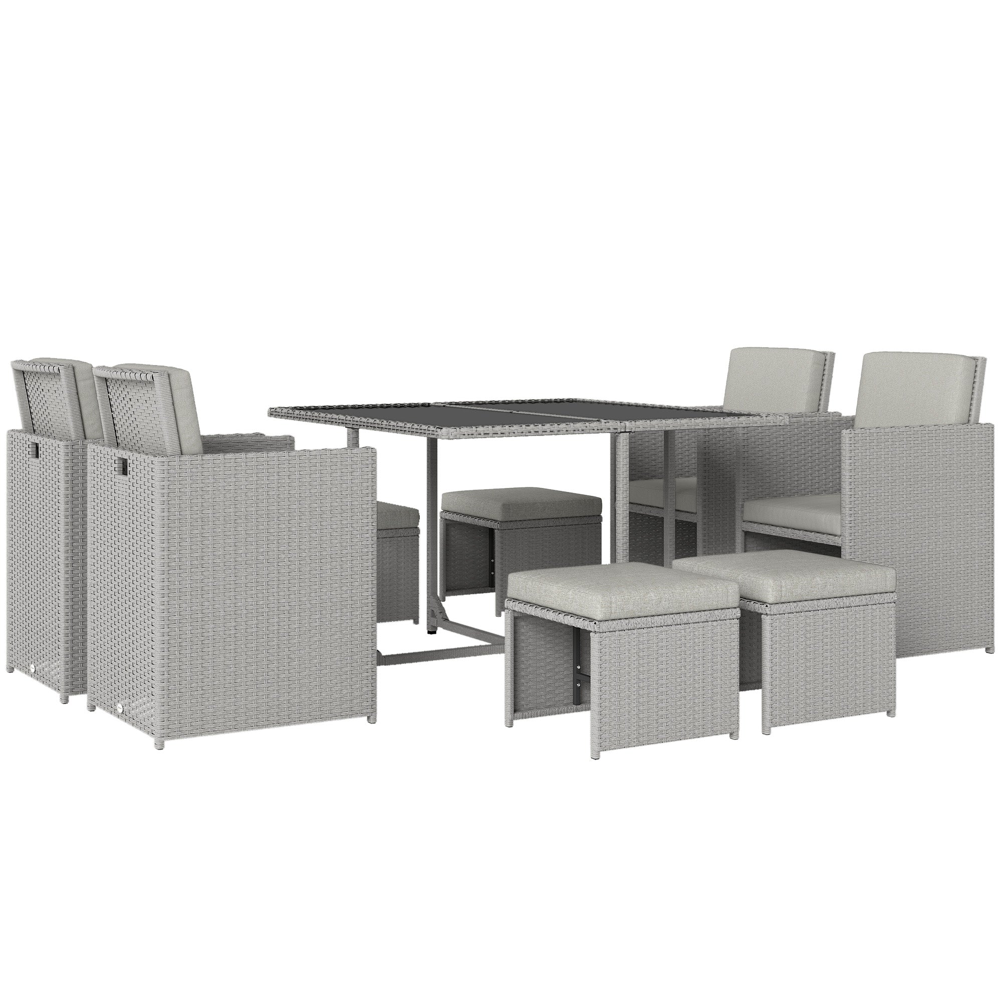 Outsunny 9 Piece Rattan Cube Garden Furniture Dining Set with Armchairs, Footstools and Glass-Top Table, Light Grey 