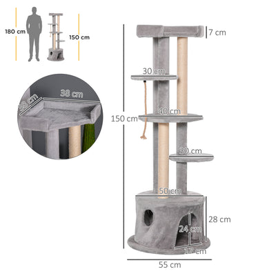 PawHut Cat Tree for Indoor Cats Kitten Tower Multi-level Activity Centre Pet Furniture with Scratching Post Condo Hanging Ropes Plush Perches Grey 