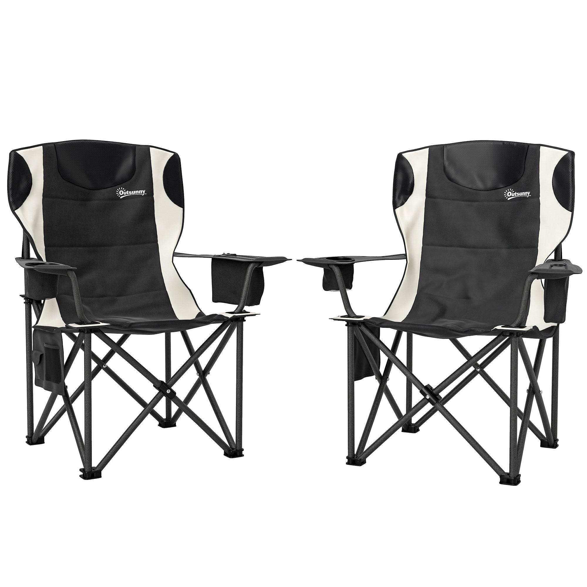 Outsunny Set of 2 Folding Camping Chairs, Padded Camping Chairs with Adjustable Armrests, Portable & Lightweight Folding Camp Chair with Cooler Bag, Cup Holder and Side Pockets, Black 