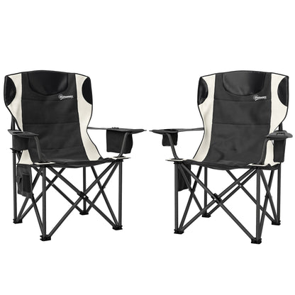Outsunny Set of 2 Folding Camping Chairs, Padded Camping Chairs with Adjustable Armrests, Portable & Lightweight Folding Camp Chair with Cooler Bag, Cup Holder and Side Pockets, Black 