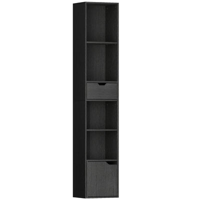 HOMCOM 6-Tier Bookcase, Tall Narrow Bookshelf with Drawer and Door - Black 