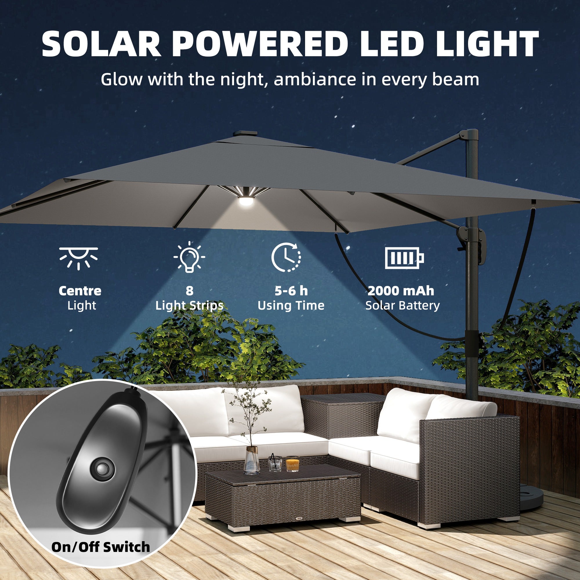 Outsunny 3 x 3 m Garden Cantilever Parasol with Light, Cover, Overhanging Umbrella w/ Wind Protection, 360° Rotation, Light Grey 