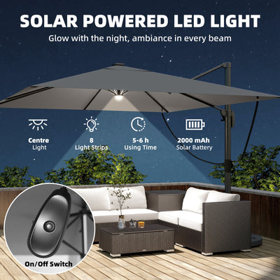 Outsunny 3 x 3 m Garden Cantilever Parasol with Light, Cover, Overhanging Umbrella w/ Wind Protection, 360° Rotation, Light Grey 