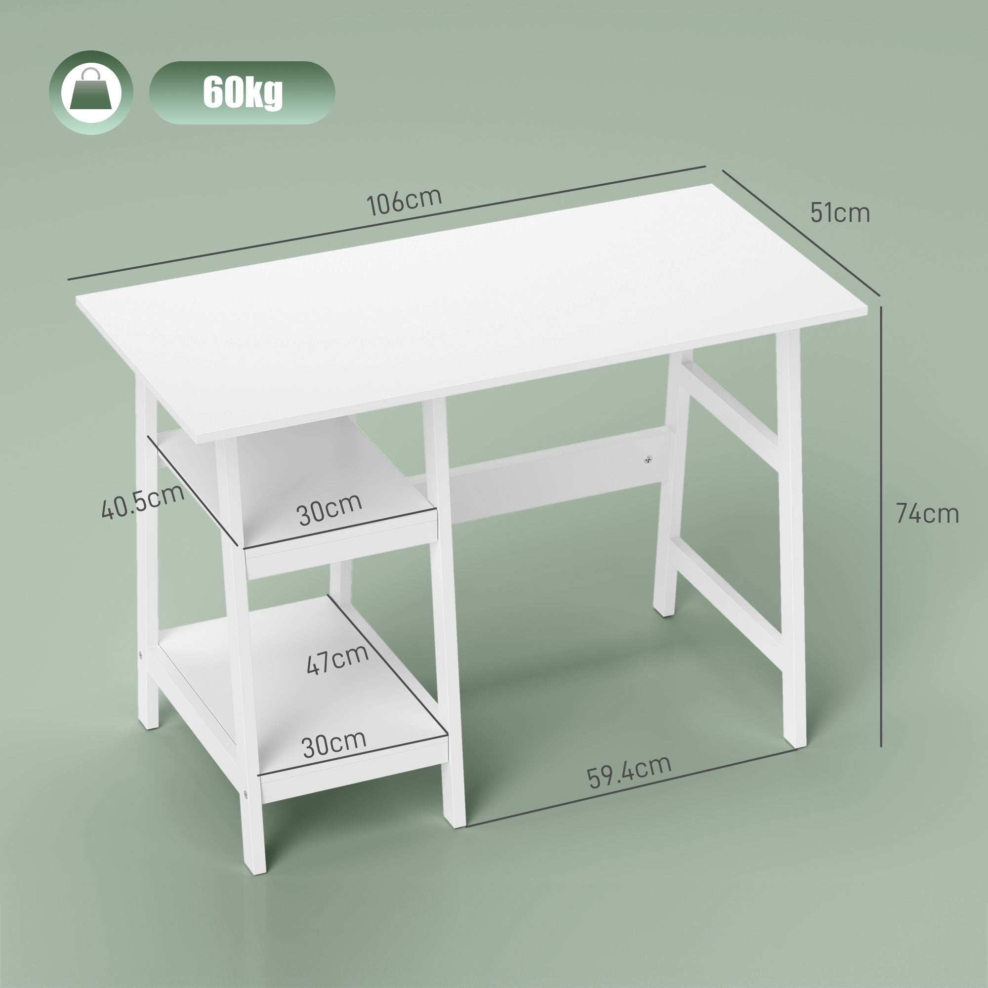 HOMCOM Compact Computer Desk with Storage Shelves, Study Table with Bookshelf, PC Table Workstation for Home Office, Study, Easy Assembly, 106 x 51cm, White