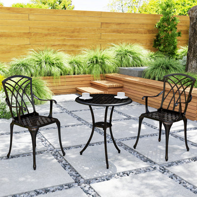 Outsunny 3 Pieces Garden Dining Set for 2, Cast Aluminium Outdoor Dining Set with 2 Armchairs and Round Dining Table with Parasol Hole, Garden Furniture Set, Bronze Tone 