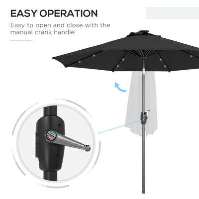 Outsunny \'ce\'a62.7m Garden Parasol Solar Outdoor Tilt Sun Umbrella Patio Sun Shade w/ 24 LED Light, Hand Crank and 8 Ribs, Black 