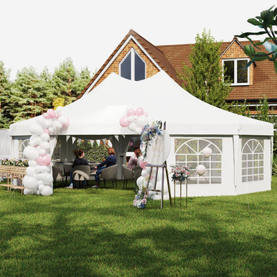 Outsunny 10 Sides Decagonal Garden Gazebo Marquee Party Tent Wedding Canopy Outdoor Heavy Duty Metal Frame (8.9m x 6.5m) - White 