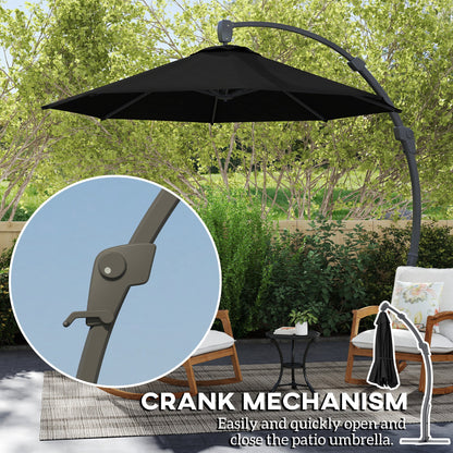 Outsunny 3(m) Garden Cantilever Parasol, Round Overhanging Umbrella with Crank Handle, Cross Base, Aluminium Frame and 360° Rotation, Banana Patio Umbrella for Outdoor Sun Shade, Black 