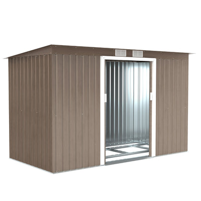 Outsunny 9ft x 4ft Metal Garden Shed, Outdoor Tool House with Foundation Kit, Ventilations and Double Doors, Light Grey Wood Grain 