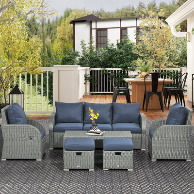 Outsunny Six-piece Outdoor Rattan Dining Set, with Reclining Armchairs - Blue 