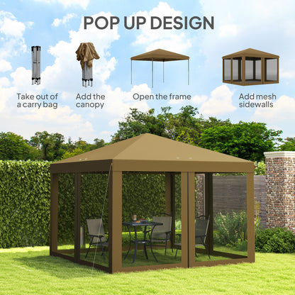 Outsunny 3 x 3\'c2\'a0m Pop Up Gazebo, 420D Garden Tent Canopy with Removable Mesh Sidewall Netting, Carry Bag for Garden Patio Outdoor, Khaki