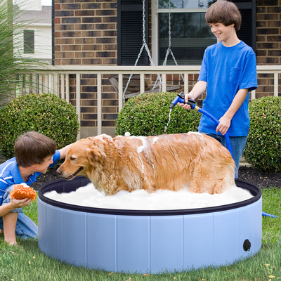 PawHut Foldable Dog Paddling Pool Pet Cat Swimming Pool Indoor/Outdoor Collapsible Summer Bathing Tub Shower Tub Puppy Washer (Φ120 × 30H cm, Blue) 