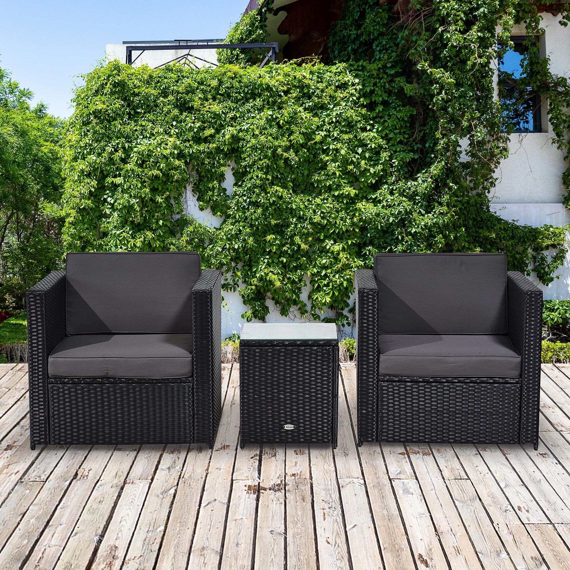 Outsunny 3 Pieces Rattan Bistro Set, Wicker Garden Furniture Set with Glass Top Coffee Table and Chairs, Thickened Washable Cushions for Outdoor, Patio, Balcony, Black 