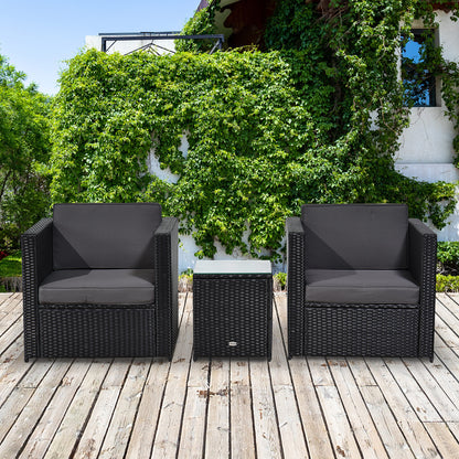 Outsunny 3 Pieces Rattan Bistro Set, Wicker Garden Furniture Set with Glass Top Coffee Table and Chairs, Thickened Washable Cushions for Outdoor, Patio, Balcony, Black 