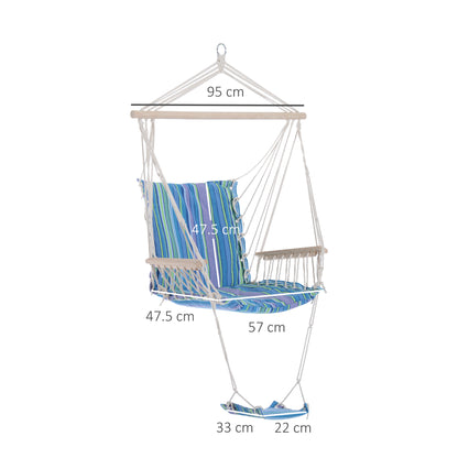 Outsunny Hanging Rope Chair with Soft Padded Seat & Backrest, Portable Garden Hammoc Chair with Wooden Support Bar, Armrests, Cotton Cloth, Footrest, for Patio & Tree, Blue 