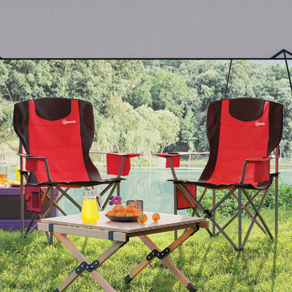 Outsunny Set of 2 Folding Camping Chairs, Padded Camping Chairs with Adjustable Armrests, Portable & Lightweight Folding Camp Chair with Cooler Bag, Cup Holder and Side Pockets, Red 