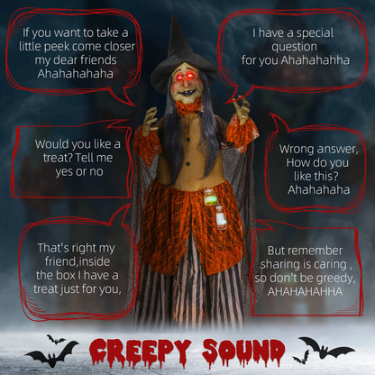 HOMCOM 183 cm Life Size Halloween Animated Standing Fat-Faced Witch with Red Light Up Eyes, Sound Activated Moving Arms & Head, Scary Witch Halloween Decorations, Battery Operated, Indoor Party Props