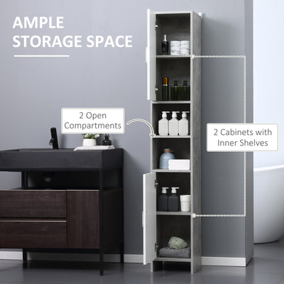 kleankin Free-standing Tall Bathroom Storage Cabinet w/ 2 Cupboards 2 Open Compartments, Slim Bathroom Organizer Adjustable Shelves Elevated Base for Living Room, Grey 