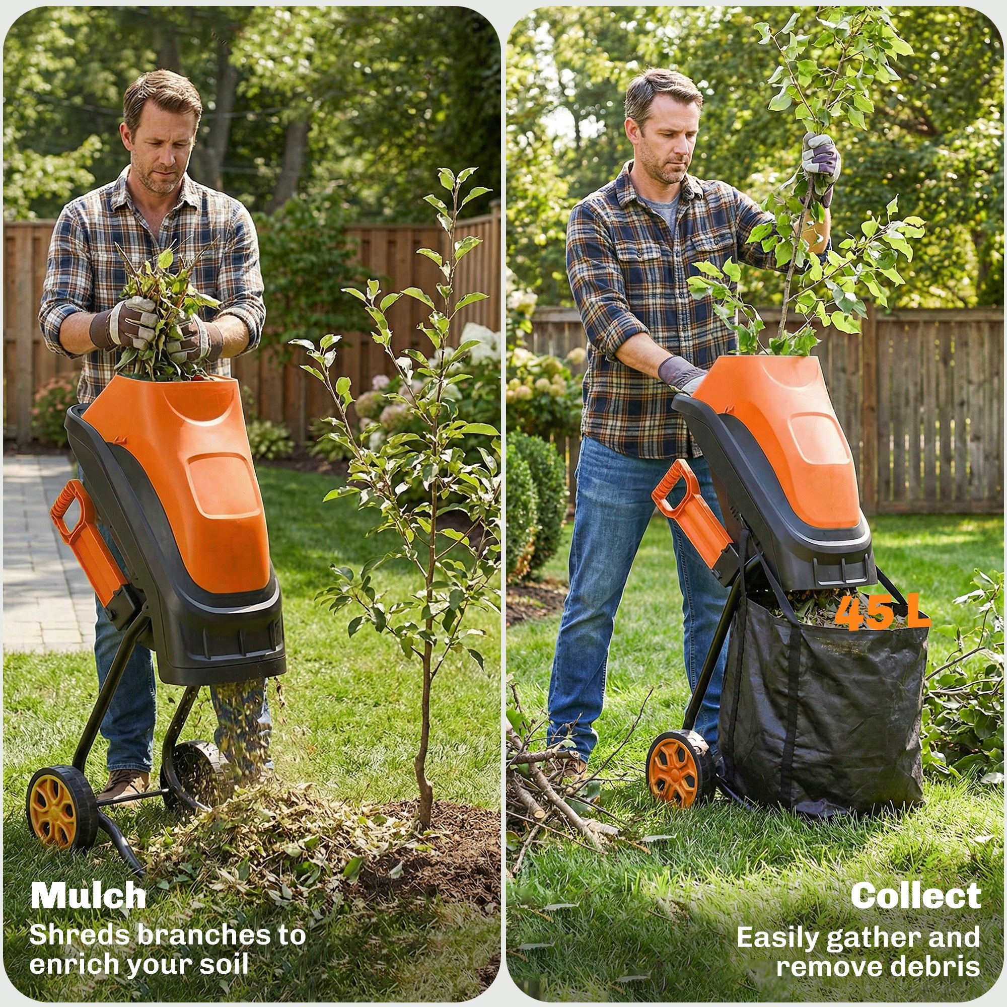 Outsunny 2500W Electric Wood Chipper, Corded Wood Mulcher Shredder with 45L Collection Bag, 4300RPM, 44mm Cutting Diameter 