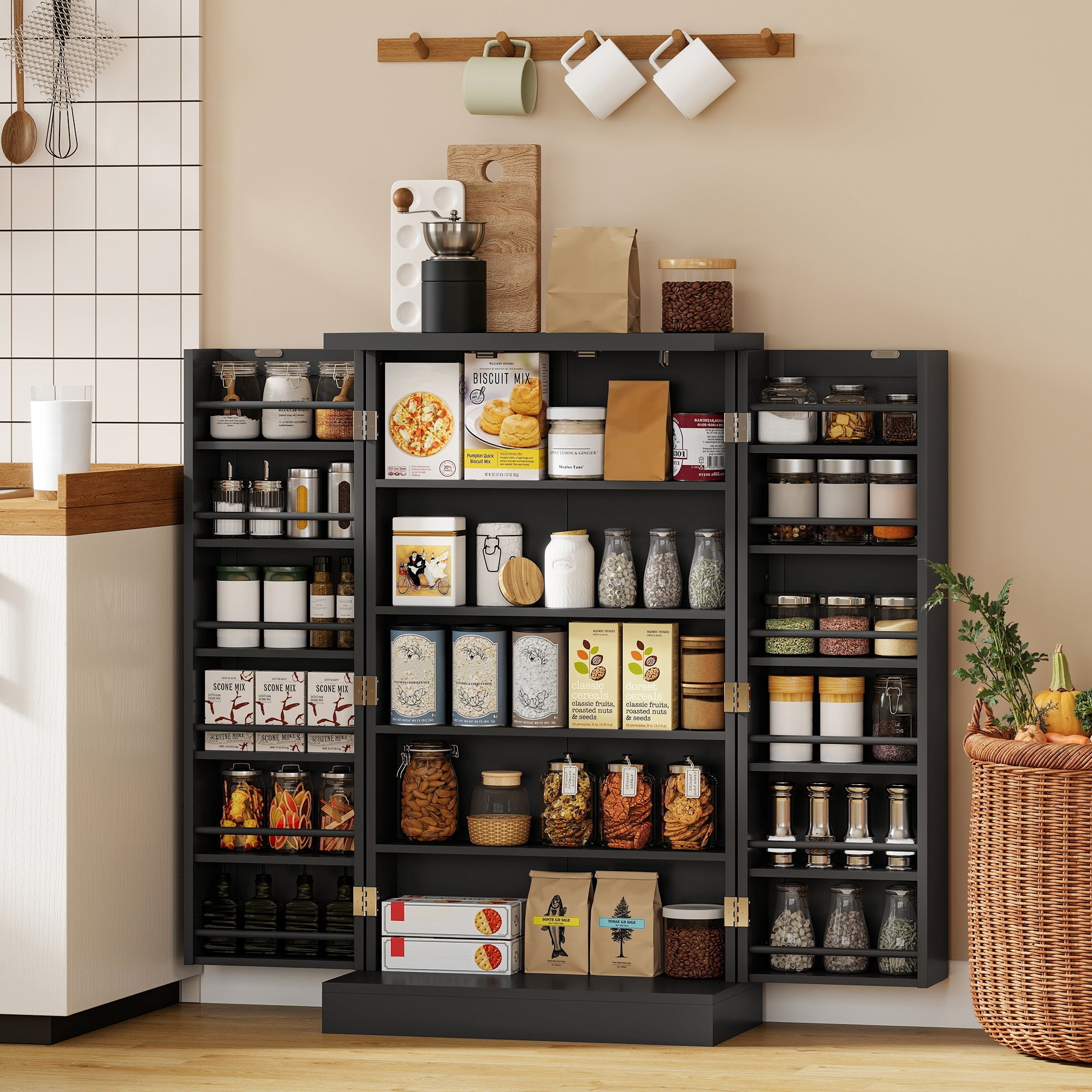 HOMCOM Kitchen Cupboard, Freestanding Multi-Storage Kitchen Pantry Cabinet with Adjustable Shelves, Black 