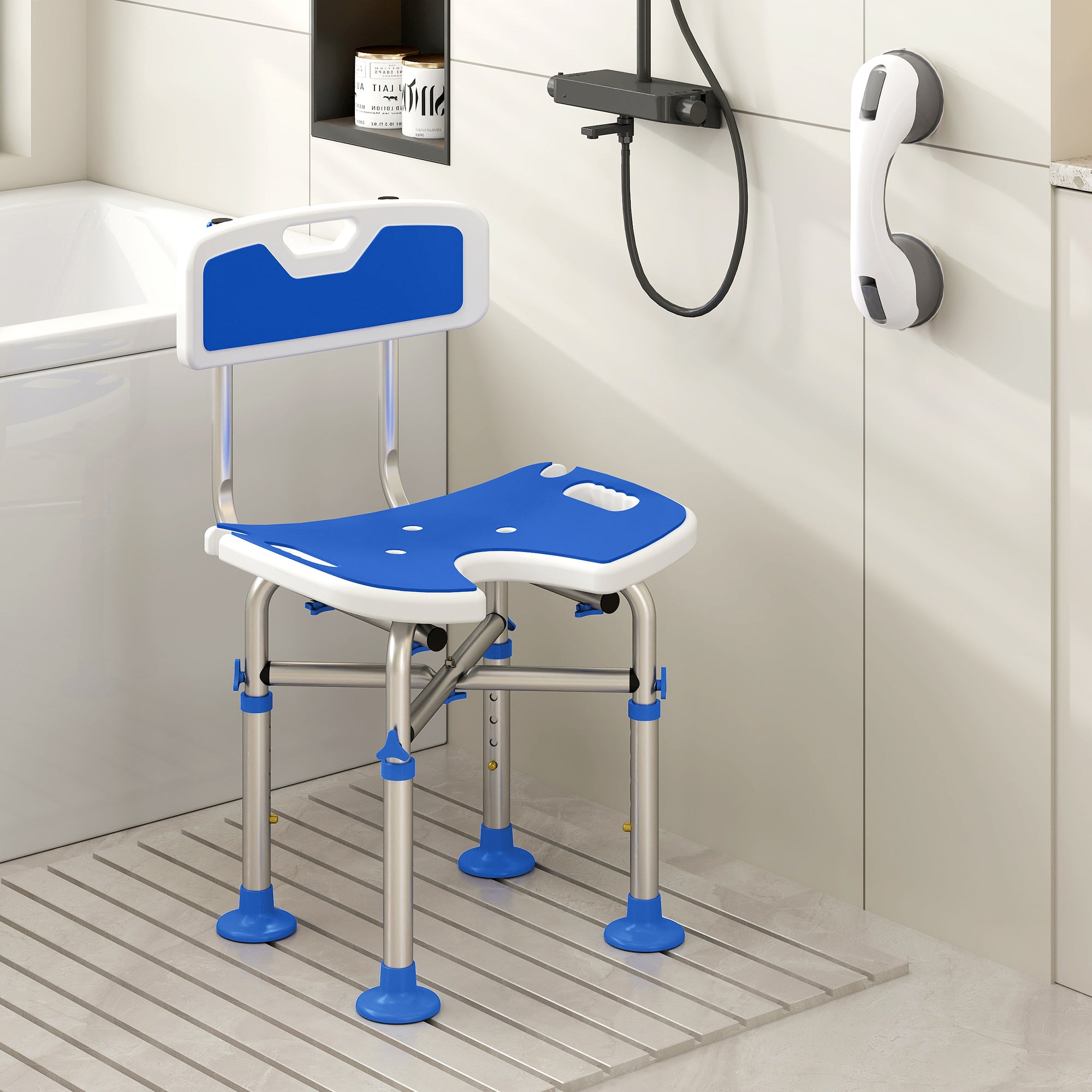 HOMCOM Shower Chair with U-Shaped Cutout, Height Adjustable Bath Bench, Padded Shower Stool for Elderly, Senior, Disabled, Blue 