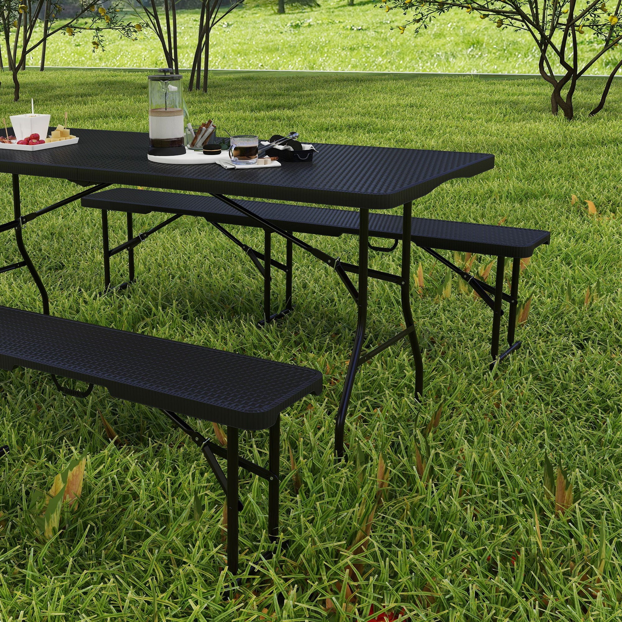 Outsunny Folding Picnic Table and Bench Set, Rattan Effect Portable Camping Table and Chairs with Carrying Handles for Indoor Outdoor, Dining, Camping, Picnic, BBQ, Party, Black 