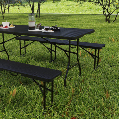 Outsunny Folding Picnic Table and Bench Set, Rattan Effect Portable Camping Table and Chairs with Carrying Handles for Indoor Outdoor, Dining, Camping, Picnic, BBQ, Party, Black 