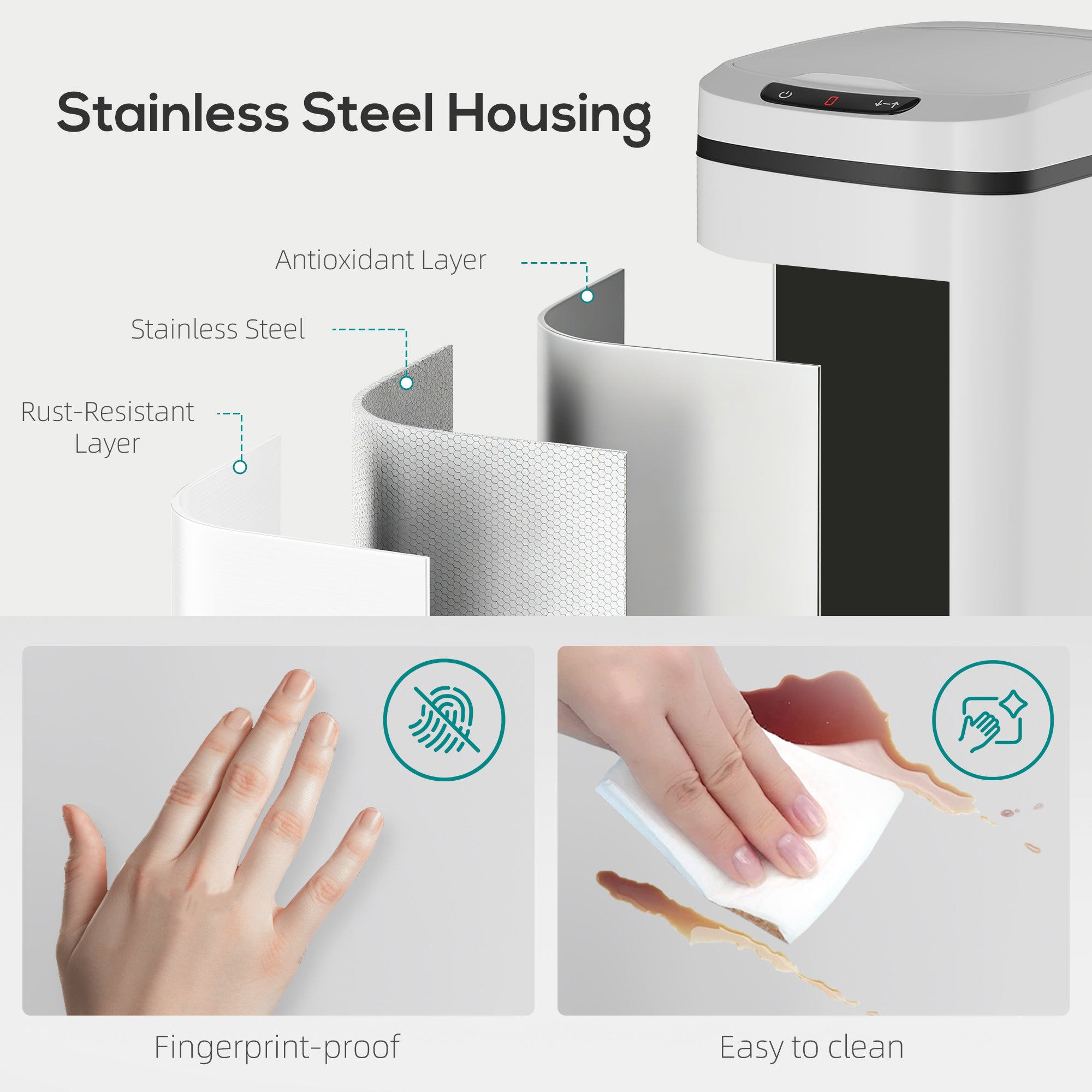 HOMCOM 12L Sensor Bin, Automatic Touchless Motion Sensor Kitchen Bin with Fingerprint Resistant Stainless Steel, White 