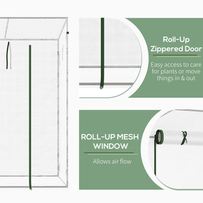 Outsunny Small Walk-in Garden Greenhouse with Steel Frame, Large Roll-up Door and Windows, 200Lx76Wx168Hcm, White 